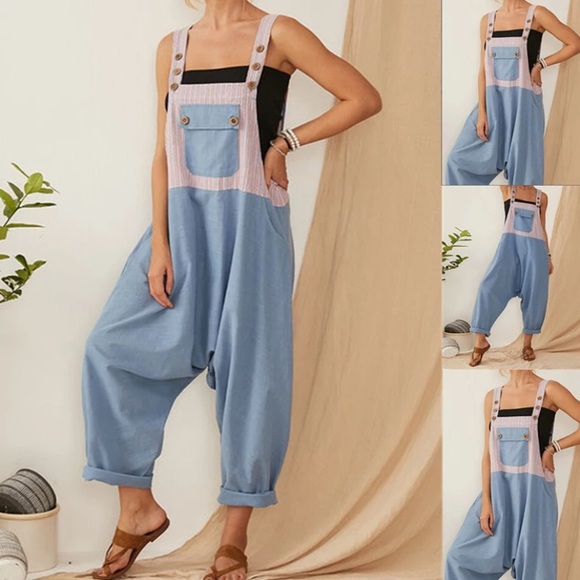Cotton Linen Overalls Light Blue contrast - Picture 3 of 4
